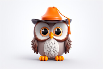 3D cartoon of a cute owl wearing a wizard hat