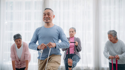 Senior lifestyle at home. Older adults exercise at their houses. Senior exercising at a convalescent facility.