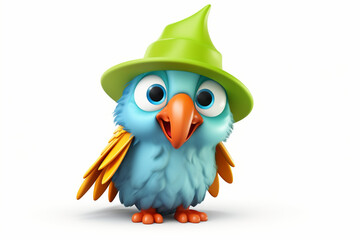 3D cartoon of a cute parrot wearing a wizard hat