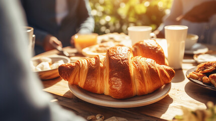 Coffee and Croissants: Gourmet Start to the Day, Generative AI - obrazy, fototapety, plakaty