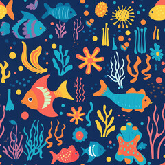 pattern marine life such as fish, coral reefs, and sea creatures, all simplified and stylized to suit a very small scale