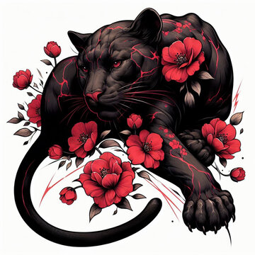 Pantera negra com flores vermelhas, arte tatoo
