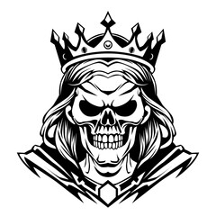 Queen skull drawing vector black and white illustration