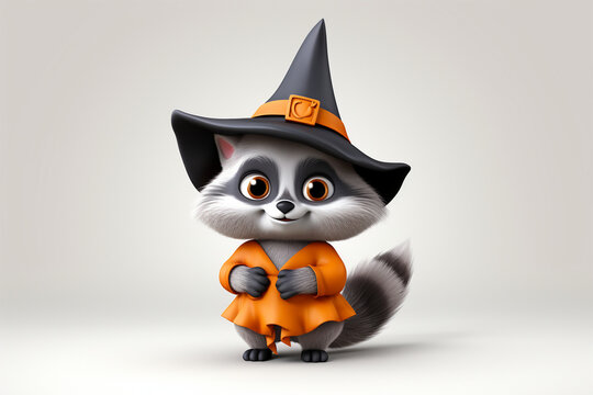3D cartoon of a cute raccoon wearing a wizard hat