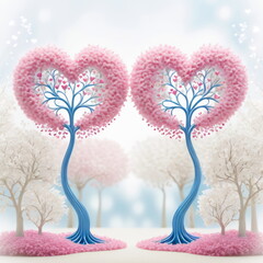 Two pink and blue trees in the shape of hearts on a gentle light background. Valentine's Day concept. Card for birthday, mother's day.