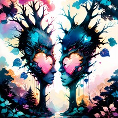 Two unusual magic trees in the shape of silhouette people and hearts depicting emotions. Valentine's Day concept. Modern contrast Art.