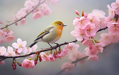 Fototapeta premium Spring floral poster, botanical banner. The bird standing on cherry blossom branch. Blooming trees, asian style photo. AI Generative.