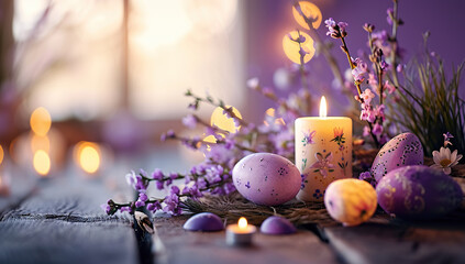 Easter eggs and candles on a wooden table in a rustic style