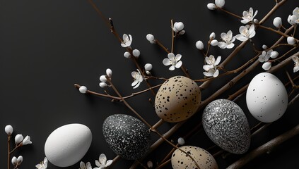 Easter eggs and spring flowers on black background.