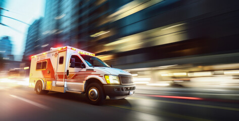 Red and white ambulance racing, concept of prompt emergency medical care. - obrazy, fototapety, plakaty
