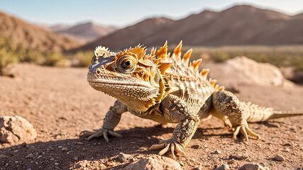 Fototapeta premium Close up of a bearded dragon in the Desert