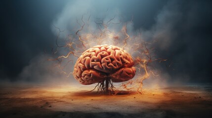 Human brain in fire. Conceptual image of mental health - obrazy, fototapety, plakaty