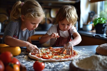 Children making a pizza together in a conformable kitchen.  - obrazy, fototapety, plakaty