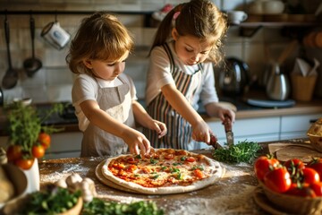 Children making a pizza together in a conformable kitchen. 