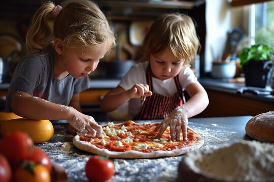 Children making a pizza together in a conformable kitchen. 