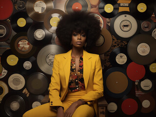 A woman sitting on a chair in front of a wall of records, an album cover, funk art, 1970s, photo