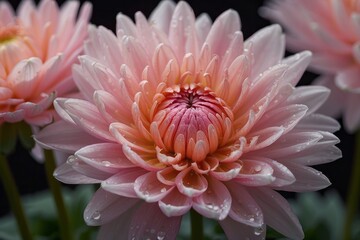 Beautiful big drop of water on a petal of a pink chrysanthemum flower with summer spring reflection close-up
