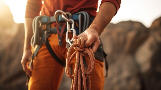 Close-up of climber holding a rope in his hand.