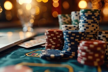 Online casino game of poker and blackjack in your smartphone or laptop, casino on the monitor screen, chips and roulette dice, banner, advertising, inscription, poster - obrazy, fototapety, plakaty