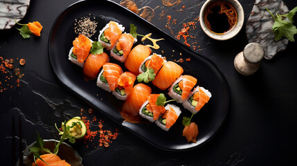 Culinary Delight: Elegant Top-Down Shot of a Sushi Platter, Generative AI