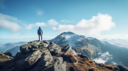 Hiker with backpack standing on top of a mountain and looking into the distance