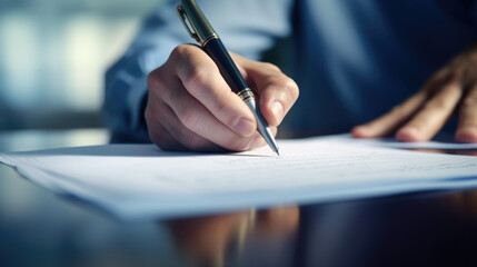 Close-up of a person's hand holding a pen and signing a document, suggesting a business or legal agreement. - obrazy, fototapety, plakaty