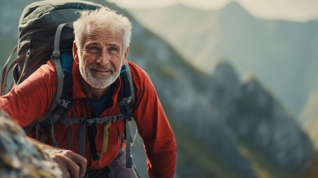 Portrait of senior man with backpack hiking in the mountains. Active seniors lifestyle