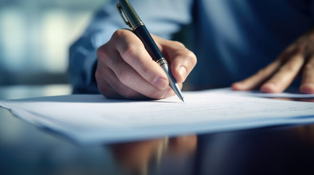 Close-up of a person's hand holding a pen and signing a document, suggesting a business or legal agreement.