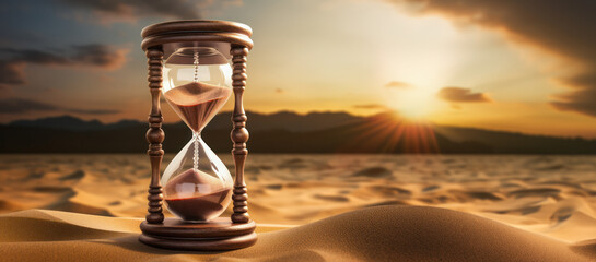 A classic hourglass with sand sifting through its narrow passage, symbolizing the relentless march of time amidst desert dunes. - obrazy, fototapety, plakaty