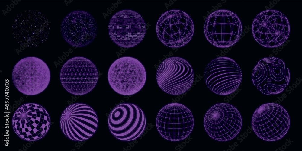 Poster Abstract lines. 3D figure grid. Dot globe shapes. Explosion space sphere. Round molecular particle. Neon purple. Concentric circles. Network connection. Geometric icon. Vector elements set