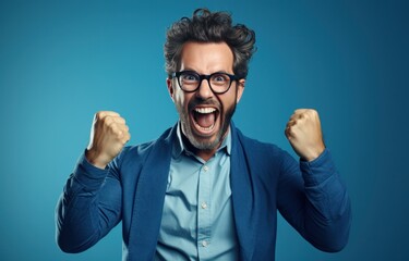 Fototapeta premium happy, portrait, adult, male, man, joyful, happiness, person, young, achievement. confident businessman or corporate employee put on casual clothes and stand up winner gesture poses middle it.