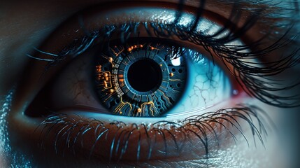 eye, iris, security, ai, futuristic, artificial intelligence, innovation, future, intelligence, identity. close up of human eye with HUD interface. technology digital program futuristic applications.