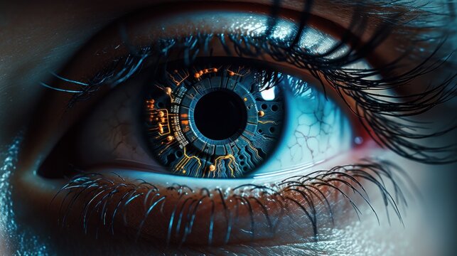 eye, iris, security, ai, futuristic, artificial intelligence, innovation, future, intelligence, identity. close up of human eye with HUD interface. technology digital program futuristic applications. - Powered by Adobe
