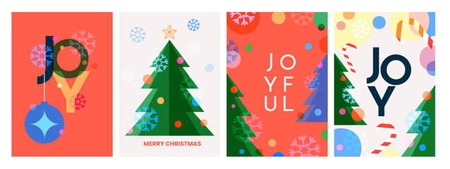 Christmas cards. 2024 holiday background, happy new year and merry xmas design with winter tree in simple colorful geometric style. December party poster or greeting. Vector illustration
