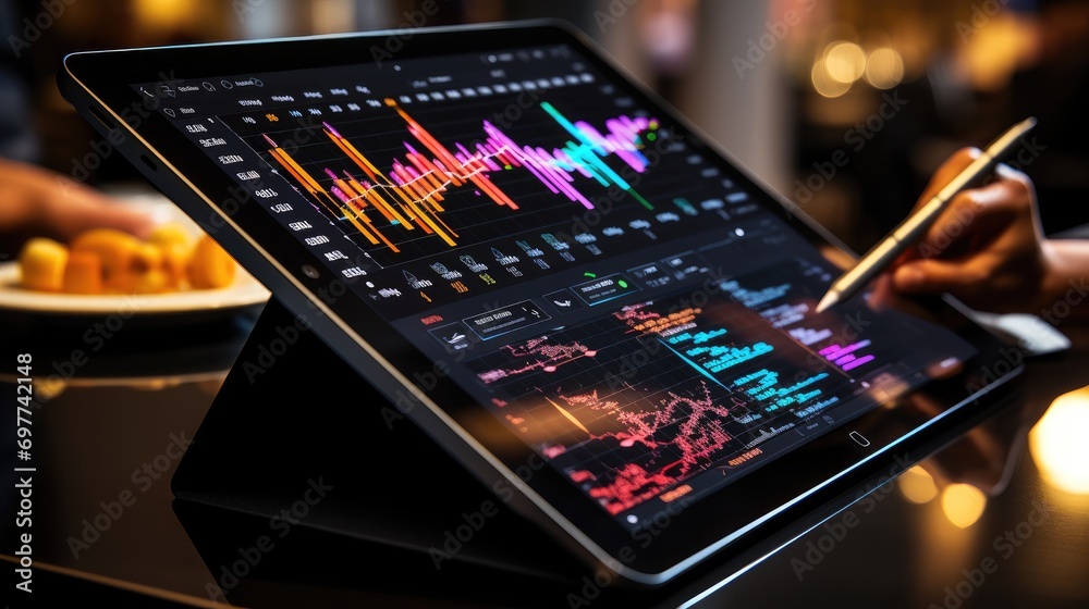 Fototapete close-up shot of a pen drawing ascending stock trend lines on a touchscreen tablet with precision. g