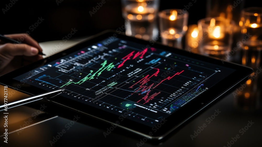 Fototapete Close-up shot of a pen drawing ascending stock trend lines on a touchscreen tablet with precision. Generative AI.