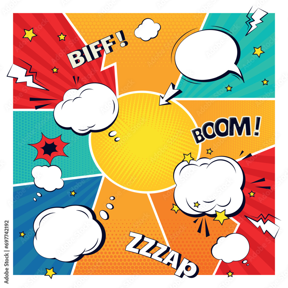 Poster Comic book. Cartoon bubble elements, speech arrow, template of page with balloon, retro art cloud. Boom effects with copy space. Funny frame with conversation expression vector sketch pattern