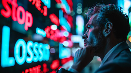 portrait of serious investor on stock market exchange background, risk control is important for investing, stop loss concept - obrazy, fototapety, plakaty