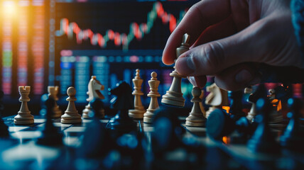 hands of people playing chess on the table, investing and doing business like playing chess concept on stock market background - obrazy, fototapety, plakaty
