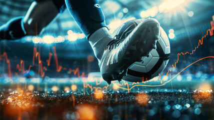 portrait of foot of a soccer player kicking a ball, investing or trading in stock or currency market background concept - obrazy, fototapety, plakaty