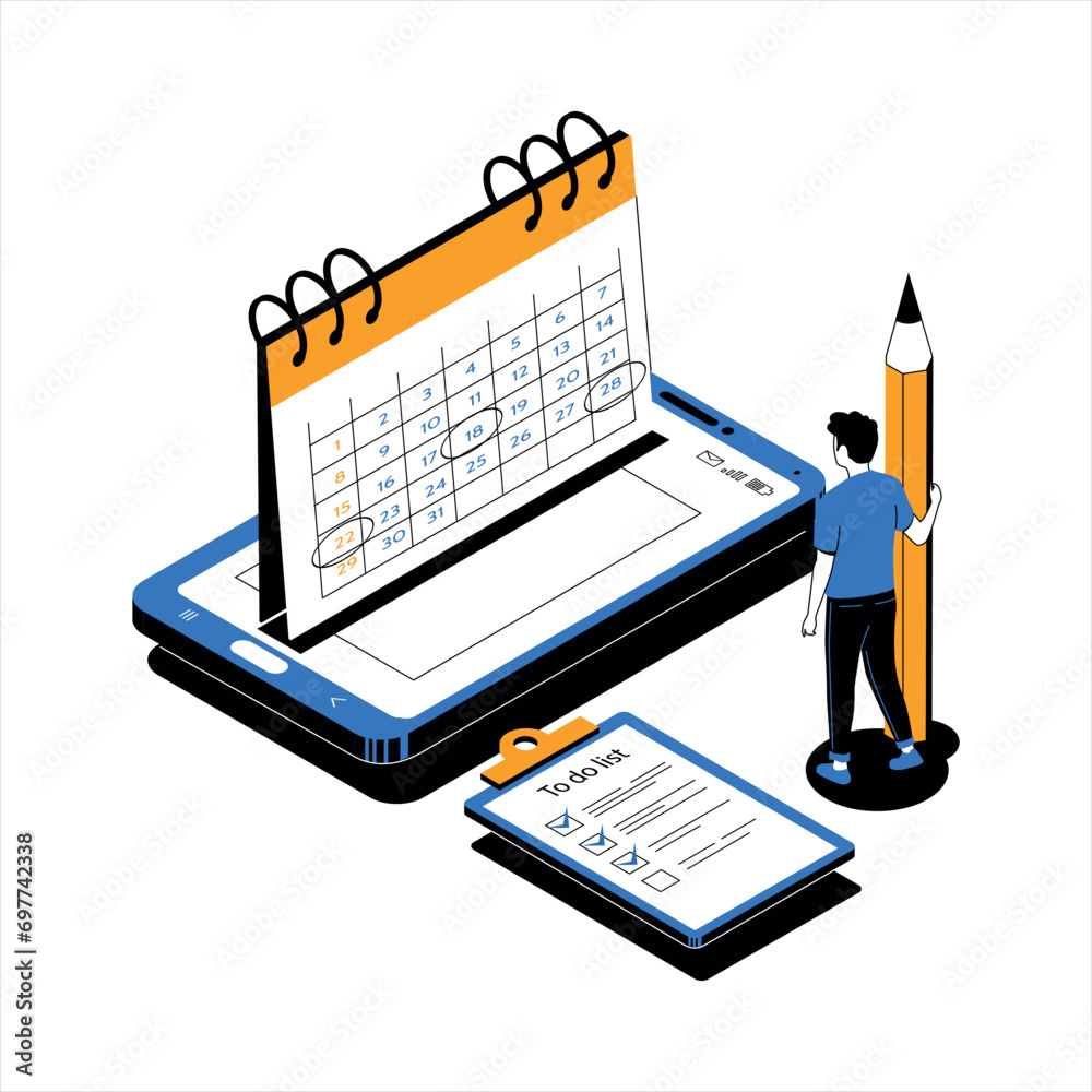 Poster Time management. People organize productive workflow and effective schedule. Month calendar. Man planning multitasking work. Completed tasks. Deadline and priority goals. Vector concept