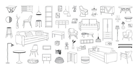 Home interior. Line table and chair sketch. Modern couch and plants in pots. Room decor. Hand drawn house cupboard. Pillows or blankets. Furnishing outline collection. Vector furniture set