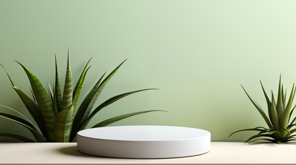 An empty podium or pedestal on a white platform with a green background for product display. Next to a aloe , space for text