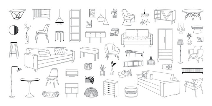 Home interior. Line table and chair sketch. Modern couch and plants in pots. Room decor. Hand drawn house cupboard. Pillows or blankets. Furnishing outline collection. Vector furniture set