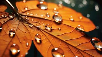 Water droplets on a leaf in autumn, close-up.