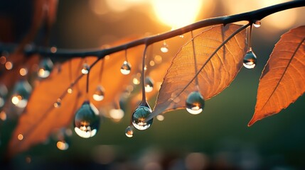 Autumn leaves with water drops. Beautiful autumnal background. Nature