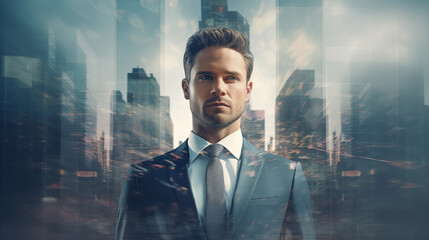 double exposure businessman portrait, top manager on the background of a big city. confident leader, CEO of a big company. concept of business, finance, career