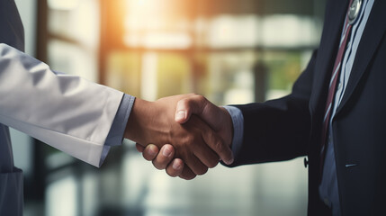 A close - up handshake between a doctor and a patient in a medical office