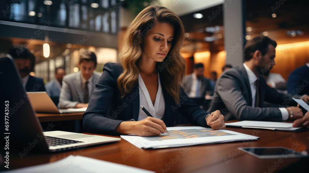 Poster Multi racial diverse group of people working with Paperwork on a board room table at a business presentation or seminar. Generative AI.