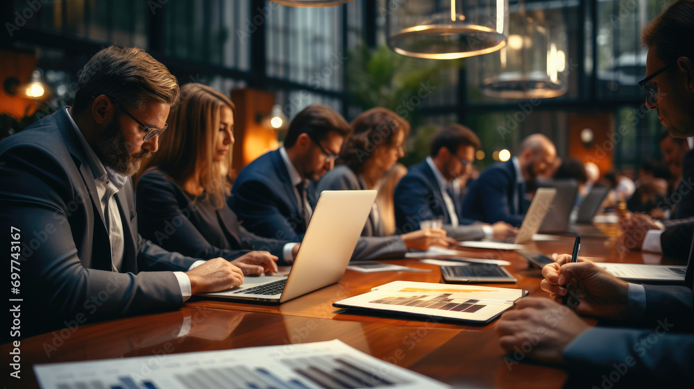 Leinwandbilder multi racial diverse group of people working with paperwork on a board room table at a business pres